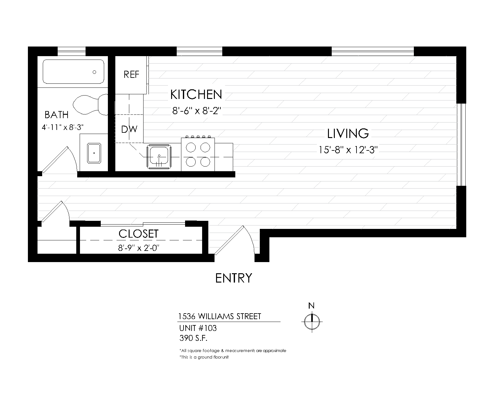 Floor plan for studio, 1 bath, 390 sqft
